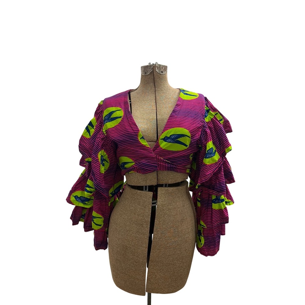 Handmade Ankara Wax Print Ruffle Sleeve Wrap Crop Top Bird Motif Pink‎ Green